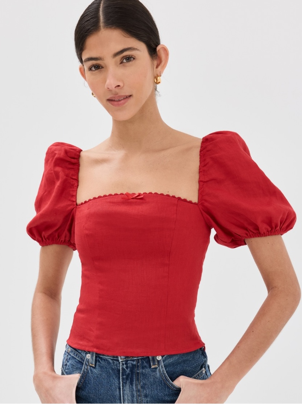 Reformation Marella Red Square-Neck Puff-Sleeve Linen Top